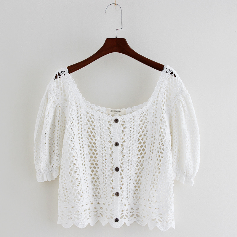 Summer Short Coat Women’s Hollow Crochet Thin Knit Sweater Puff Sleeve Cardigan Top alx