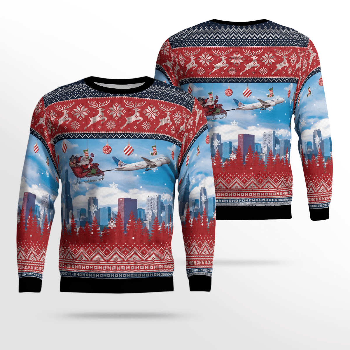 United Airlines Boeing 787 Dreamliner With Santa Over Chicago Ugly Christmas Sweater, All Over Print Sweatshirt