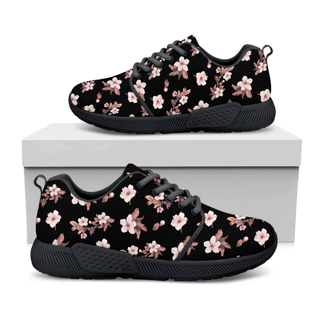 Watercolor Cherry Blossom Pattern Print Black Athletic Shoes