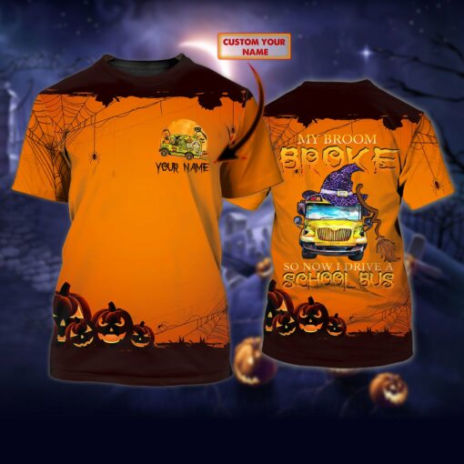 Custom Halloween School Bus Personalized Name 3D All Over Printed T-Shirt For Men And Women, Happy Halloween Day