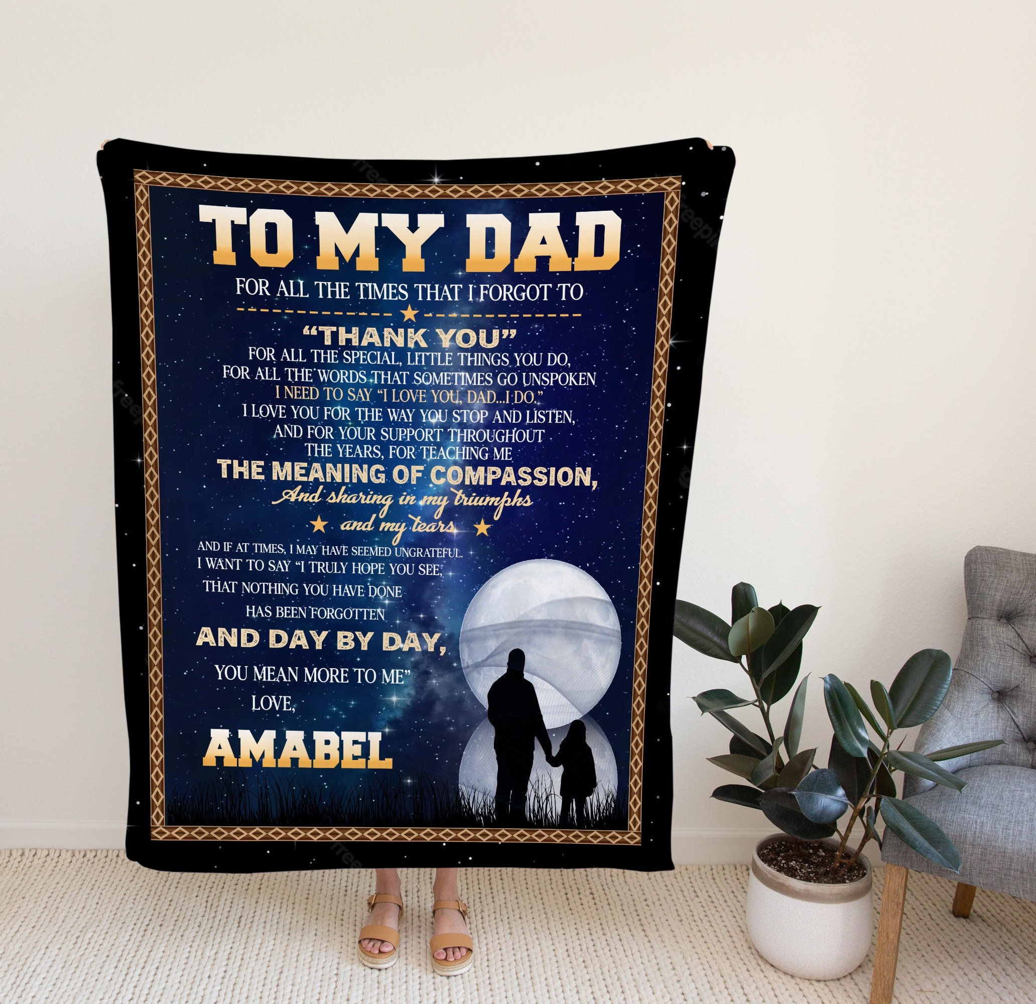 Personalized To My Dad Blanket, Custom Moon And Night Sky Blanket, Gift Ideas For Dad, Gift From Daughter.