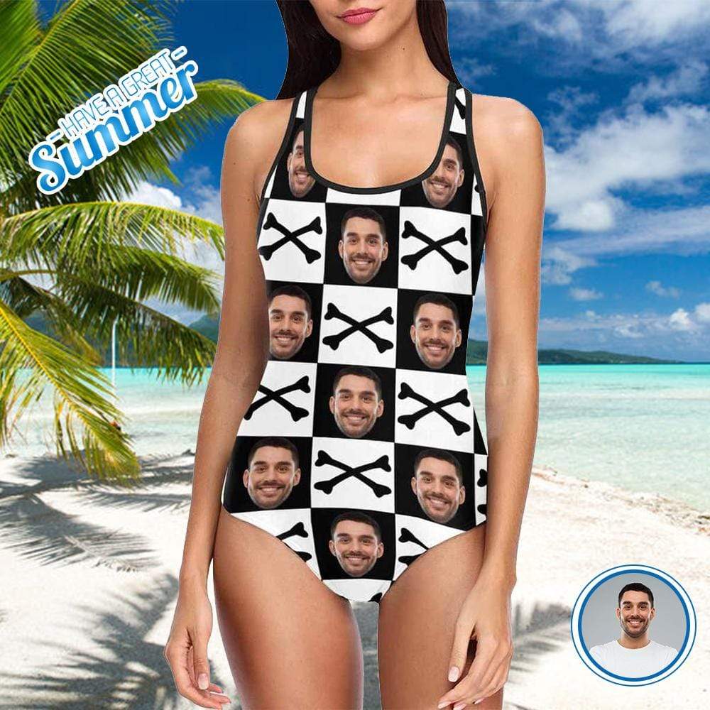 Custom Face Crossbone Women’S Tank Top Bathing Swimsuit, Upload Photo Husband Boy Friend One Piece Swimsuit, Gift For Her