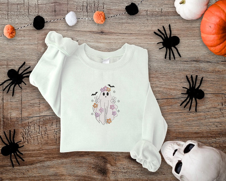 Cute Ghost Flowers Halloween Embroidered Sweatshirt 2D Crewneck Sweatshirt All Over Print Sweatshirt For Women Sweatshirt For Men Sws4304