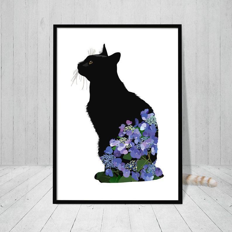 Cat And Flowers Illustration Print Portrait Poster & Canvas Gift For Friend Family Home Decor Wall Art Visual Art