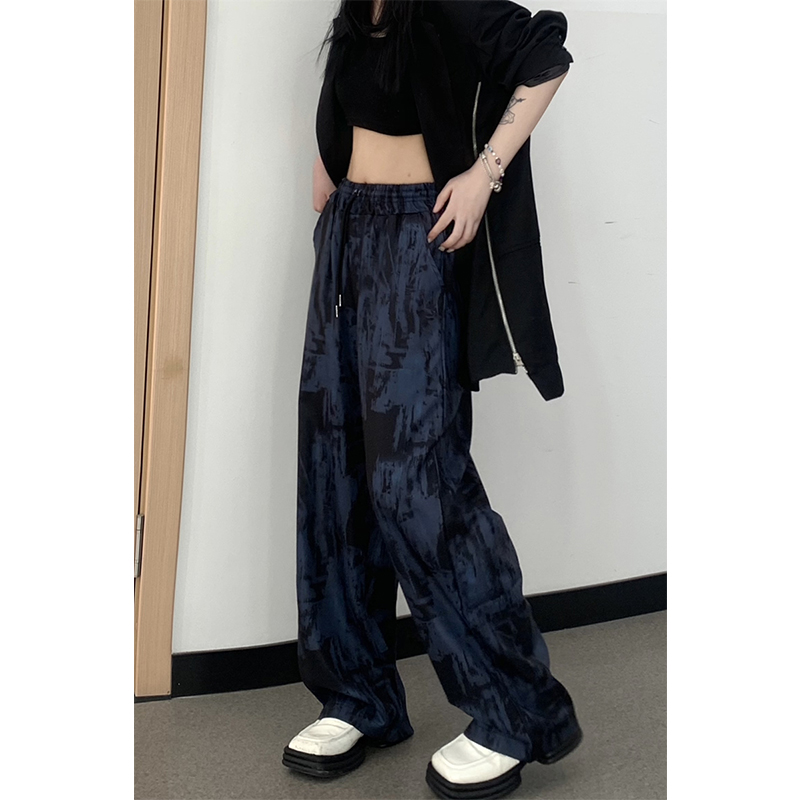 Women Bottoms Black Vintage Tie Dye Pants High Waist Wide Leg Straight Pants Casual Street Baggy Mopping Trouser Ladies Summer alx