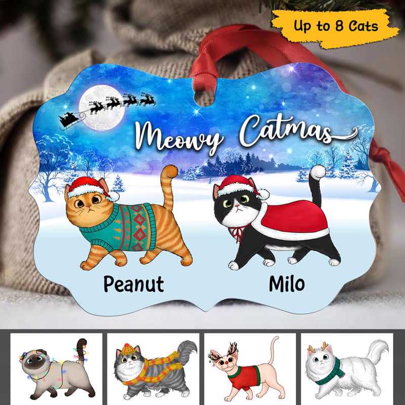 Personalized Christmas Kitten Ornament, Fluffy Kittens Walking In Christmas Night