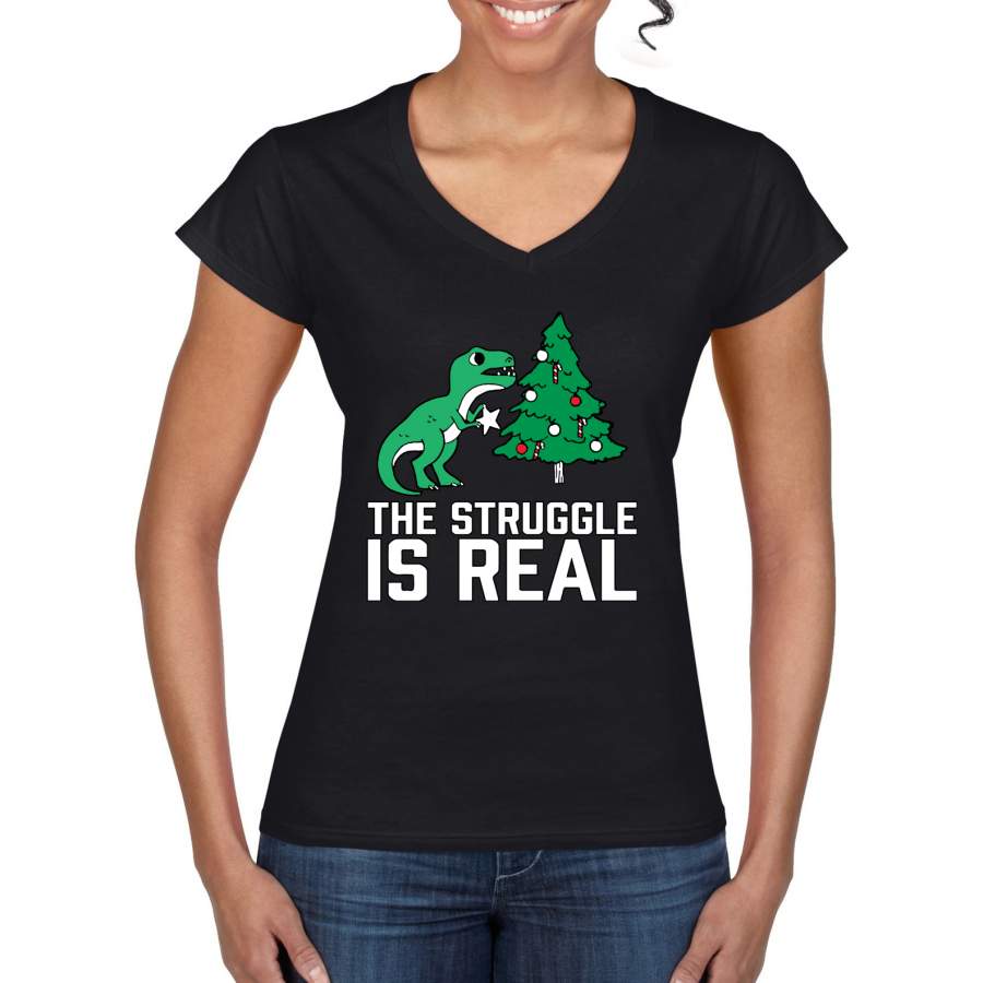 Christmas Trex The Struggle is Real Ugly Christmas Sweater Christmas Women’s Standard V-Neck Tee