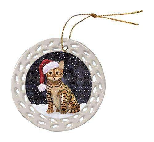 Let It Snow Christmas Holiday Chinese Li Hua Kitten Cat Wearing Santa Hat Ceramic Doily Ornament D074