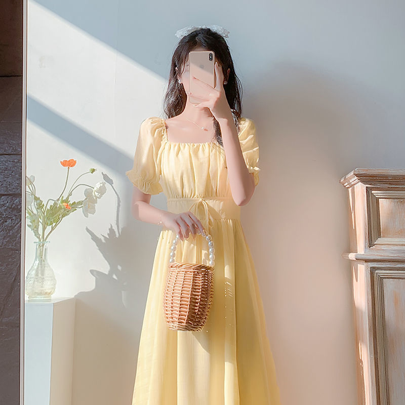 Yellow Elegant Tunics Casual Puff Sleeve Wrap Chiffon Women’s Dresses Midi 2021 Korean Floral Fashion Loose Summer Light Dress alx