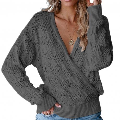 2022 Sweater Women Deep V Neck Wrap Hollow Sweater Long Sleeve Crochet Knit Elegant Pullover Top Ladies Spring Female Clothes alx