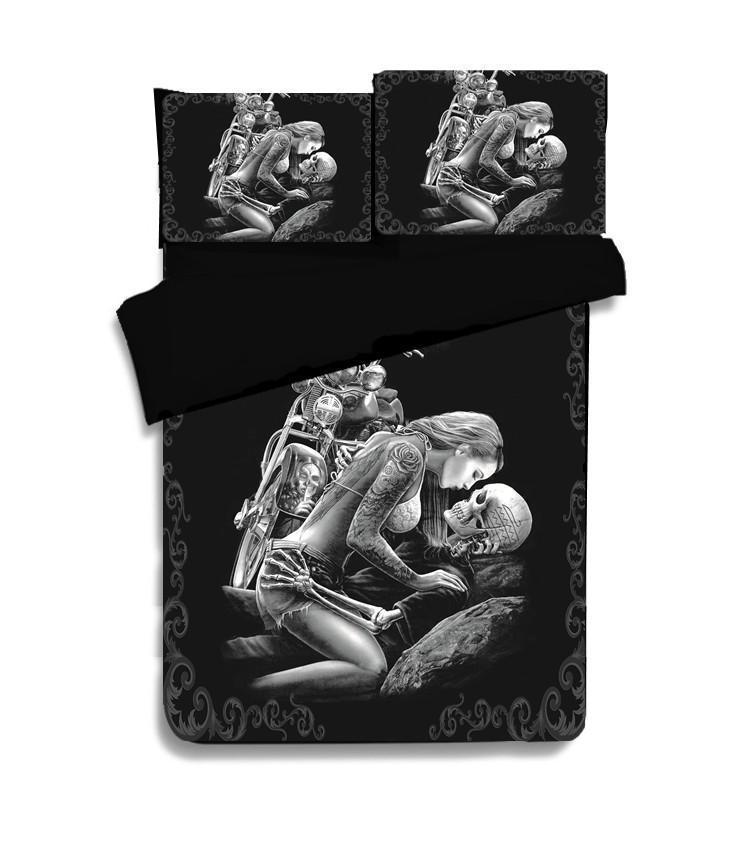 3D Black Motorcycle Skull Duvet Cover Bedding Set