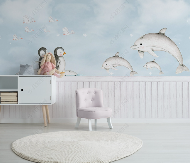 3D Cartoon Dolphin Penguin Wall Mural Wallpaper Lqh 133