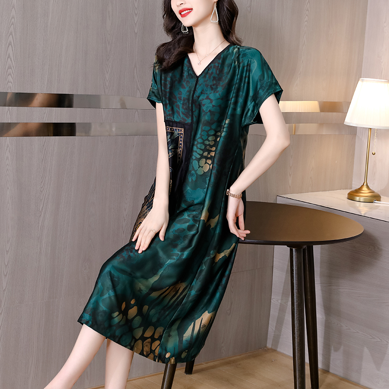 Women Floral Mulberry Silk V-Neck Midi Dress Summer Short Sleeve Elegant Dress 2022 Korean Vintage Hepburn Party Dress alx