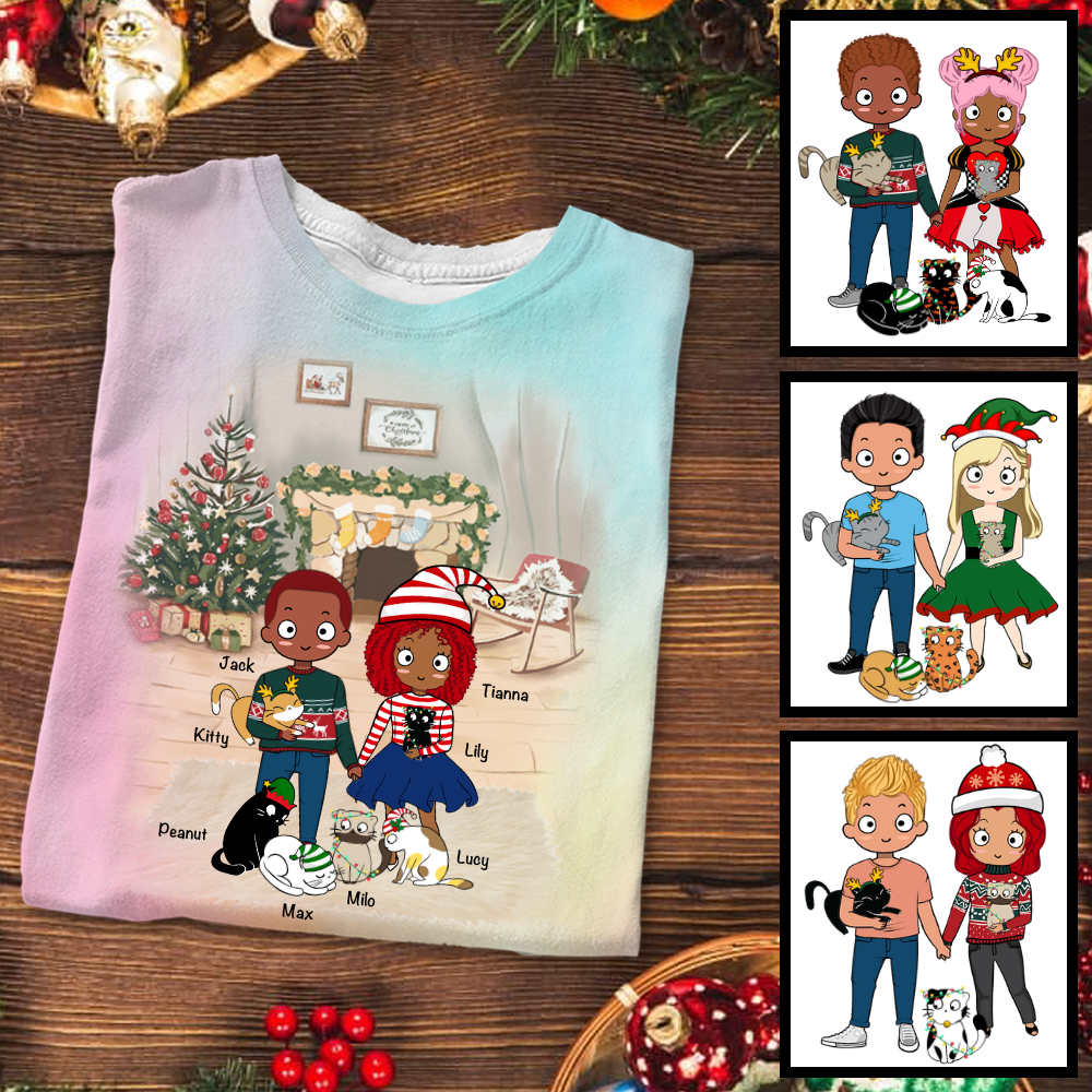 Christmas Couple Chibi And Cats Tie Dye Shirt Sweatshirt Hoodie Ap386