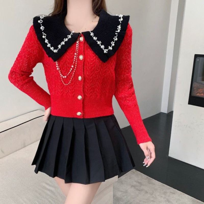 Cropped Cardigan Women Spring Autumn Kawaii Sweater Cardigan Temperament Peter Pan Collar Knited Cardigan Red Cardigan Crop Tops alx