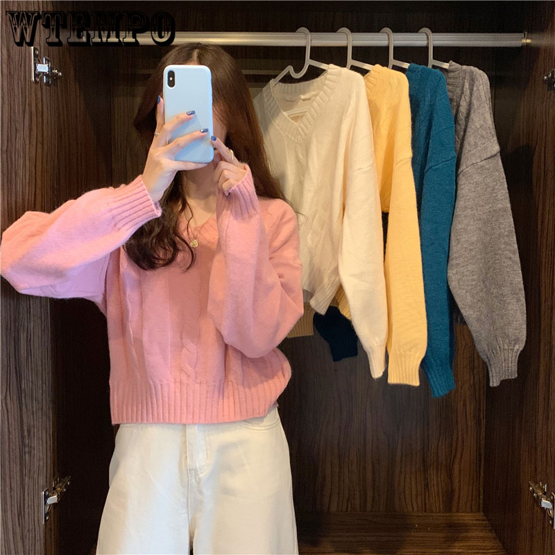 Y2K Sweater for Women Plus Size Loose V Neck Pink Fall Pullover Knitted Sweater 2022 Winter Fashion Ladies Cropped Sweater alx