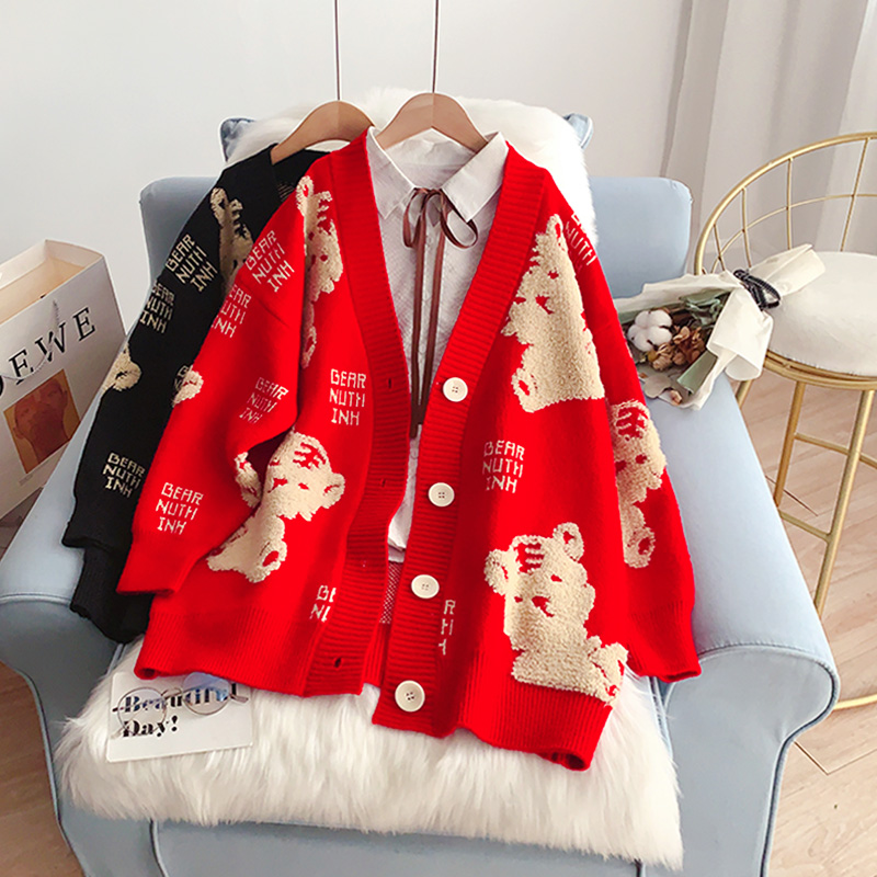 Women’s Sweater Warm Knitted Sweater Jacket Loose Cartoon Jacquard Fashion Ladies Sweaters Oversized Cardigan alx