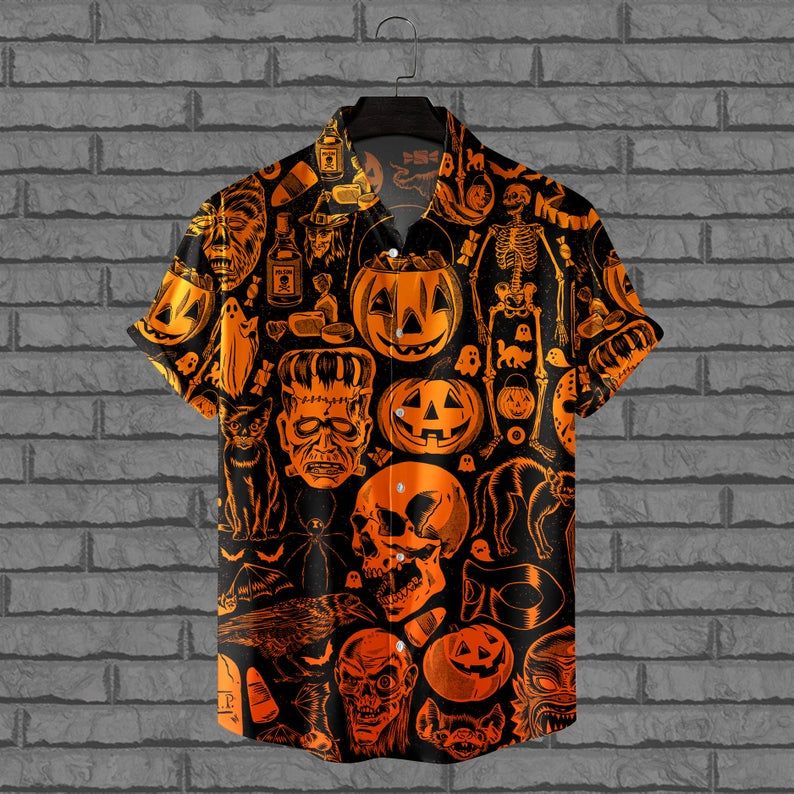 Halloween Night Hawaii Pumpkin Skull Hawaii Aloha Cool Men Shirt Ha8203