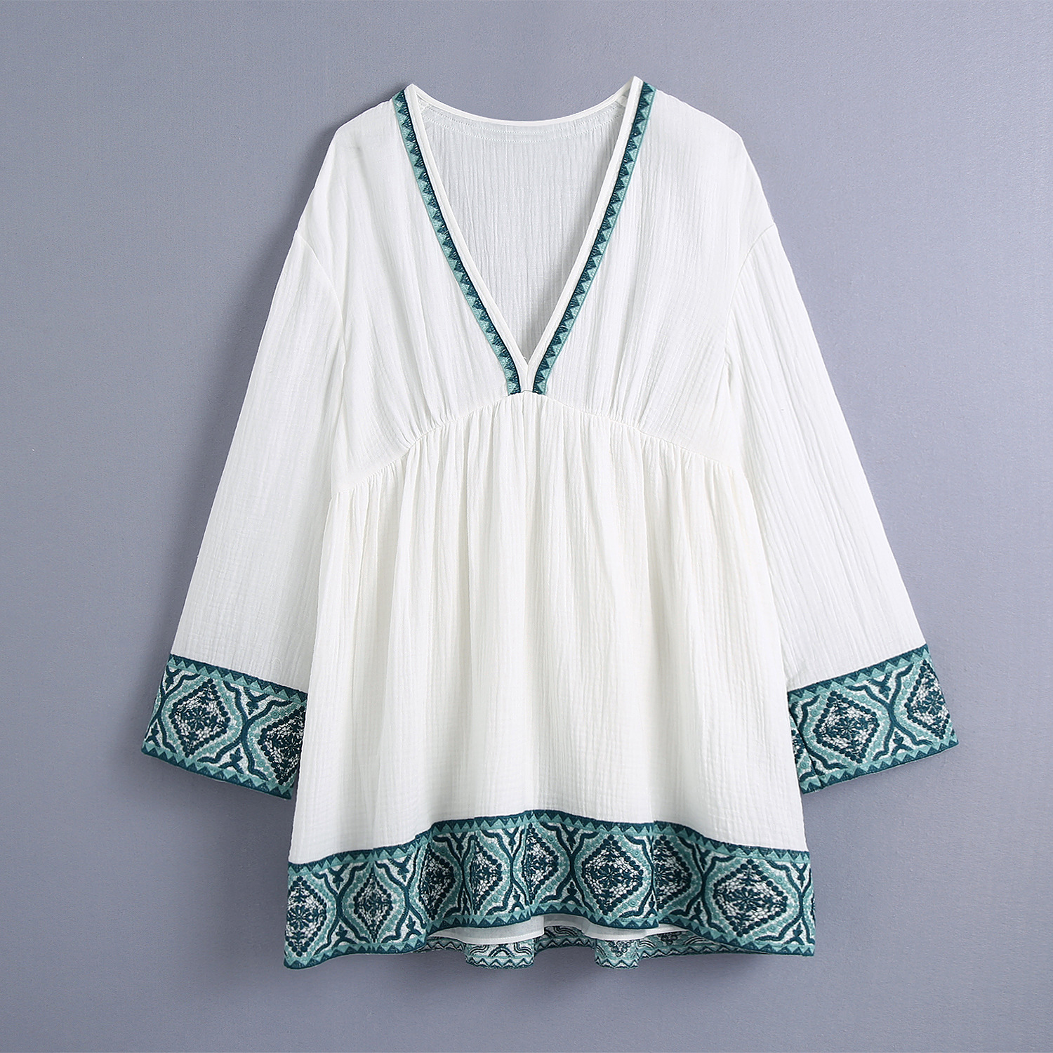 Vintage Chic White Short Dress V Neck 3/4 Sleeve Embroidery Dress Boho Caftan Streetwear Mujer Summer Dresses Ethnic Vestidos alx