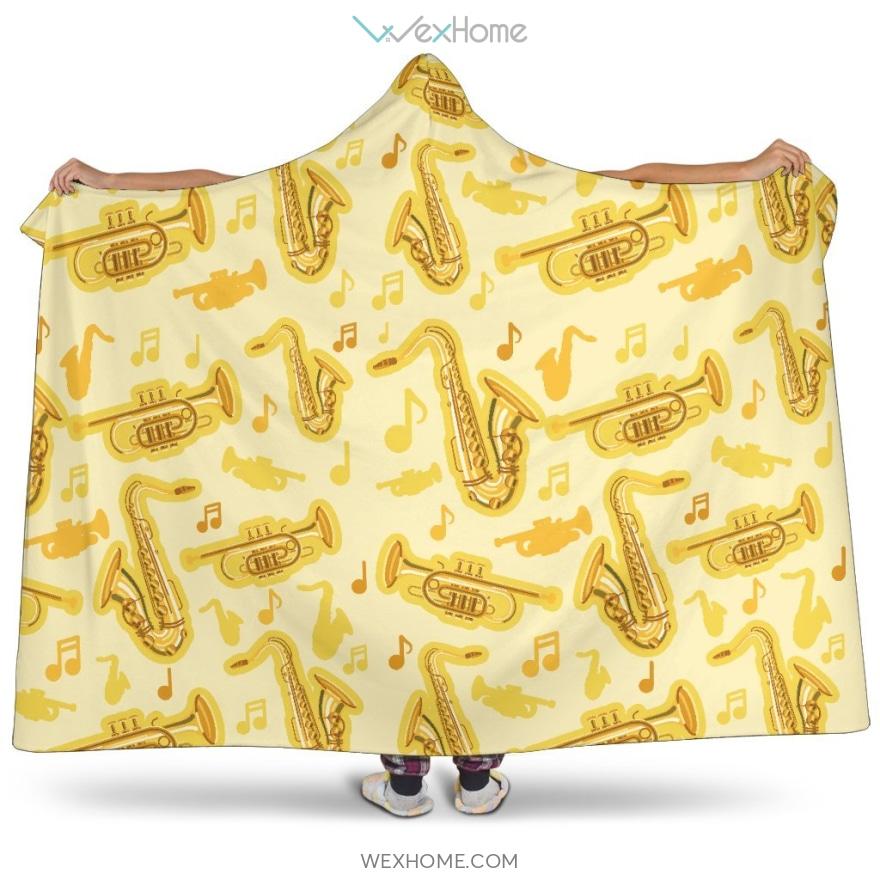 Saxophone Cornet Pattern Yellow Background Hooded Blanket