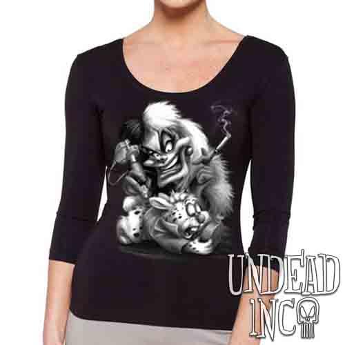 Villains Cruella De Vil Tattooing White Rabbit Black & Grey  – Ladies 3/4 Long Sleeve Tee