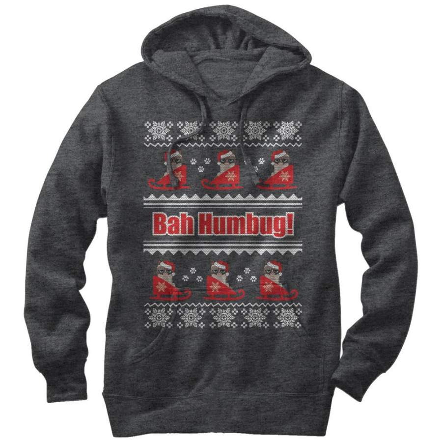 Grumpy Cat Men’s Ugly Christmas Bah Humbug  Lightweight Hoodie Charcoal Heather