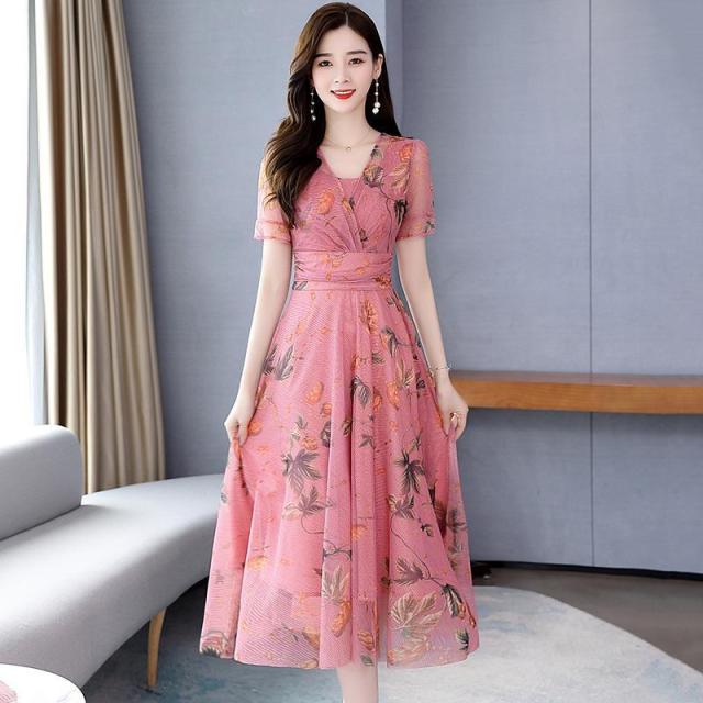 Summer Chiffon Midi Dress Temperament High Waist A-Line Print Dress Ladies Elegant V-Neck Party Dress Plus Size Bodycon Vestidos alx