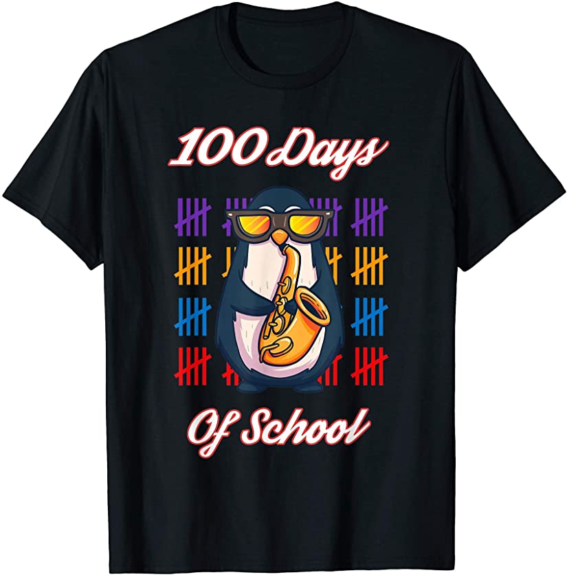 Happy 100 Days Of School For Boys Girls Penguin Saxophone T-Shirt