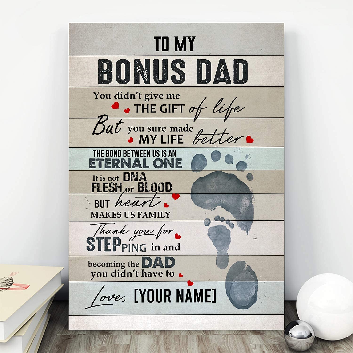 Personalized To My Bonus Dad Footprint Poster, Father’S Day Gift For Dad, Christmas Gift Canvas Home Wall