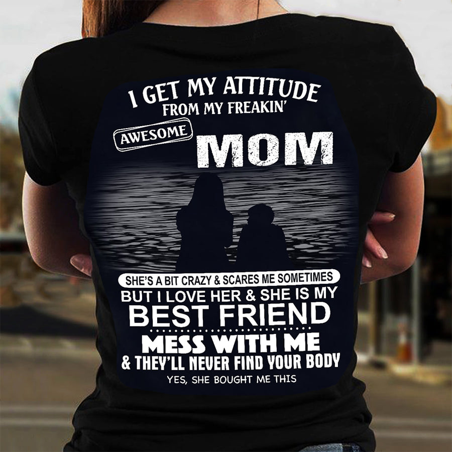 Womens I Get My Attitude From My Freaking Awesome Mom, Mothers Gift V-Neck T-Shirt