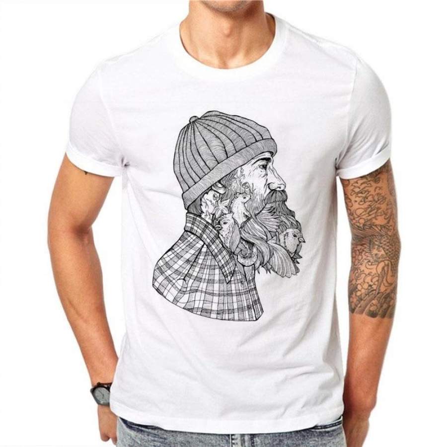 Cotton Sketch Beard Man Bird T-shirts Men Summer Tops Tee Shirt Men O-neck Short Sleeve Fashion Tshirts