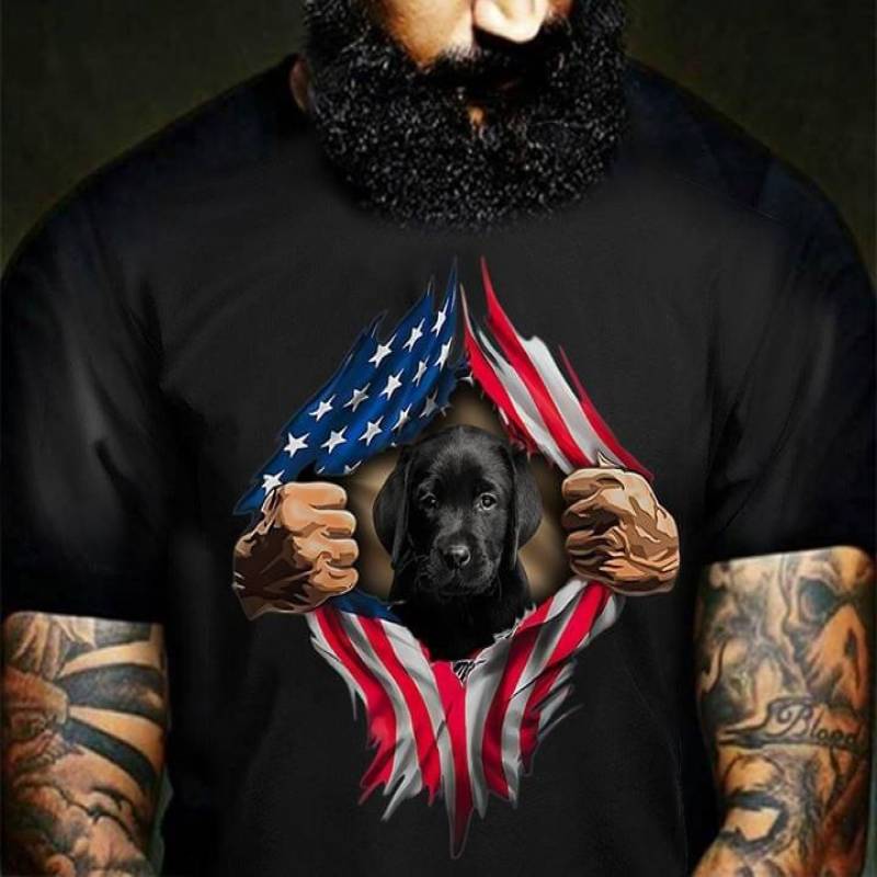 Cute Black Golden Retriever Puppy Hands Pulling The Flag Of The United States Of America Awesome Gift For Patriotic Golden Retriever Lover Black Men And Women T Shirt S-5Xl