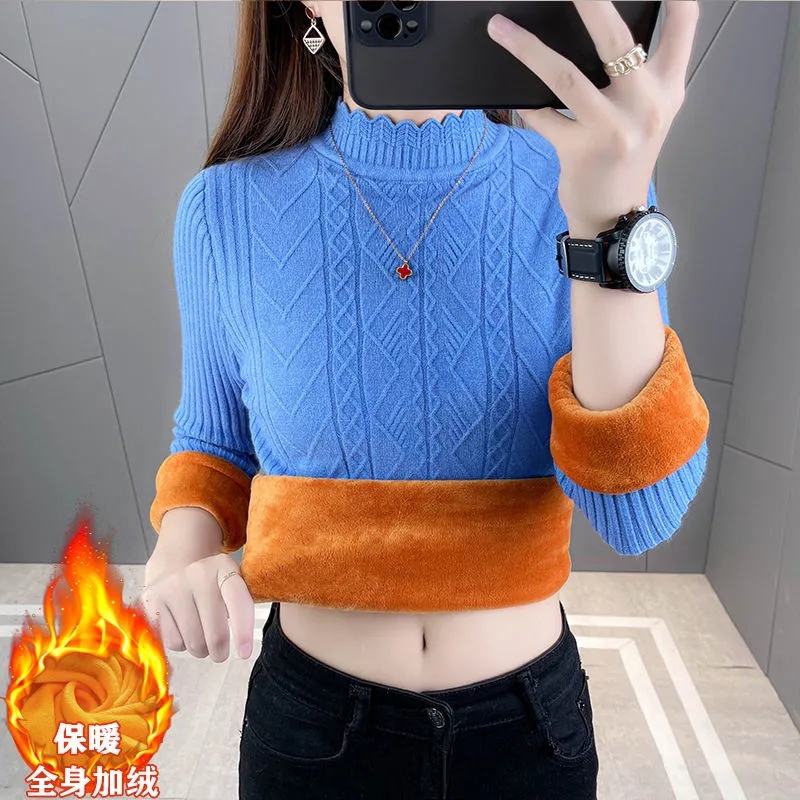 2022 Autumn Winter Knit Sweater Bottoming Shirt Velvet Lining Warm Pullover Sweater Female Half Turtleneck Sweater Jumper Tops alx