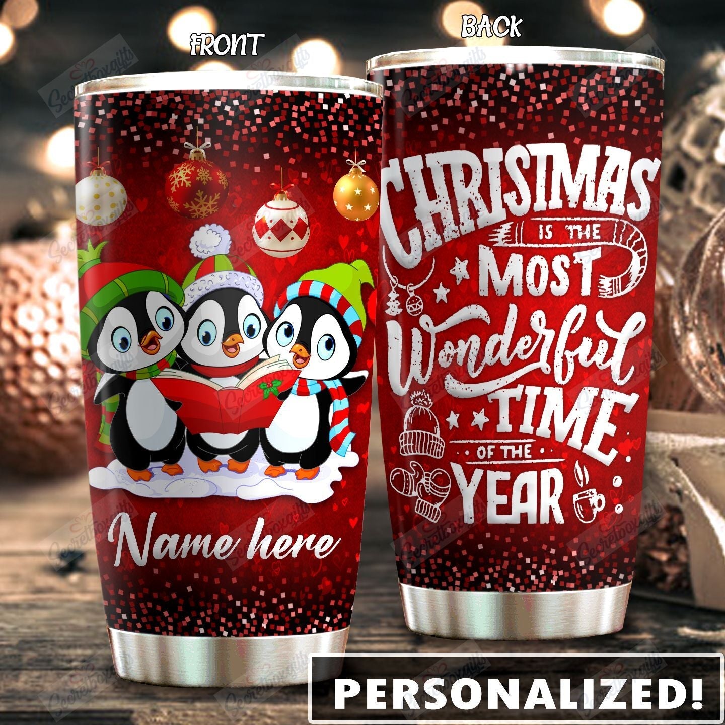 Penguin Christmas Personalized Dth071116Hd Stainless Steel Tumbler Travel Customize Name, Text, Number, Image