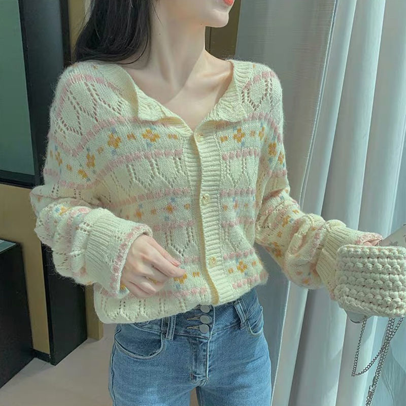 Summer Sweet Elegant Knit Sweaters Women Cut Out Casual Kawaii Cute Floral Cardigans Print Korean Fashion Clothing Autumn 2021 alx