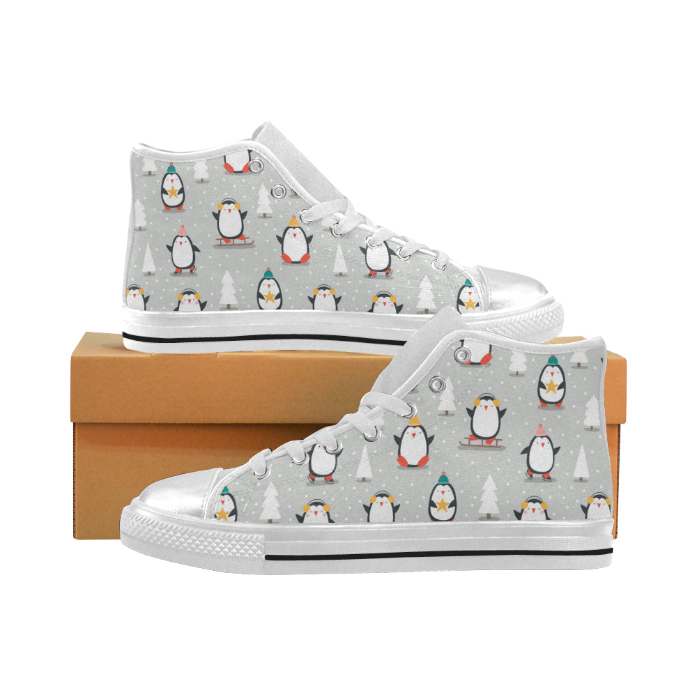 Cute Penguin Christmas Pattern Women’S High Top Canvas Shoes White Gift For Men Women