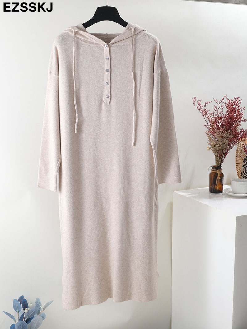 2021 Autumn hooded oversize loose long thick Sweater Dress Women long Sleeve straight maix Dress female warm long knit dress alx