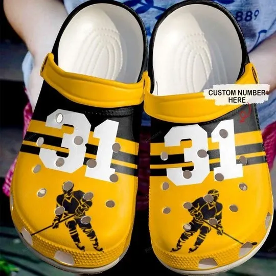 Simply Love Hockey Yellow Personalize Clog Custom Crocss Clog Number On Sandal Fashion Style Comfortable For Women Men Kid