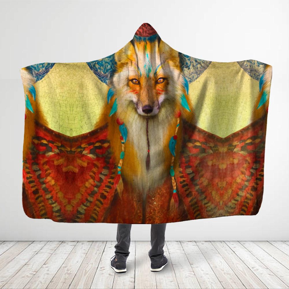 ViticStore™ 3D All Over Printed Native America White-Orange Wolf Hooded Blanket