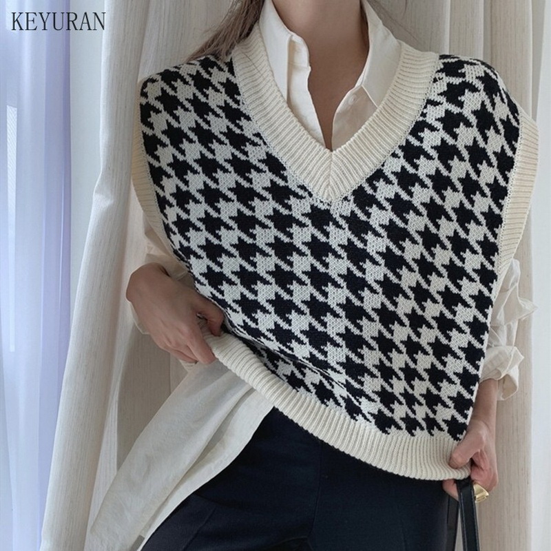 Women Sweater Vest Autumn Houndstooth Plaid V-Neck Sleeveless Knitted Vintage Loose Oversized Female Pullover Waistcoat Tops alx