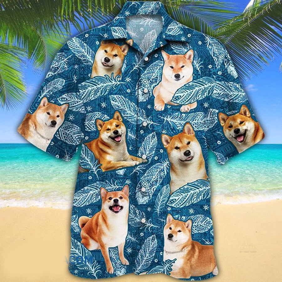 Waybackapparel Shiba Inu Dog Lovers Blue Feather Hawai 3D Hawaiian Shirt