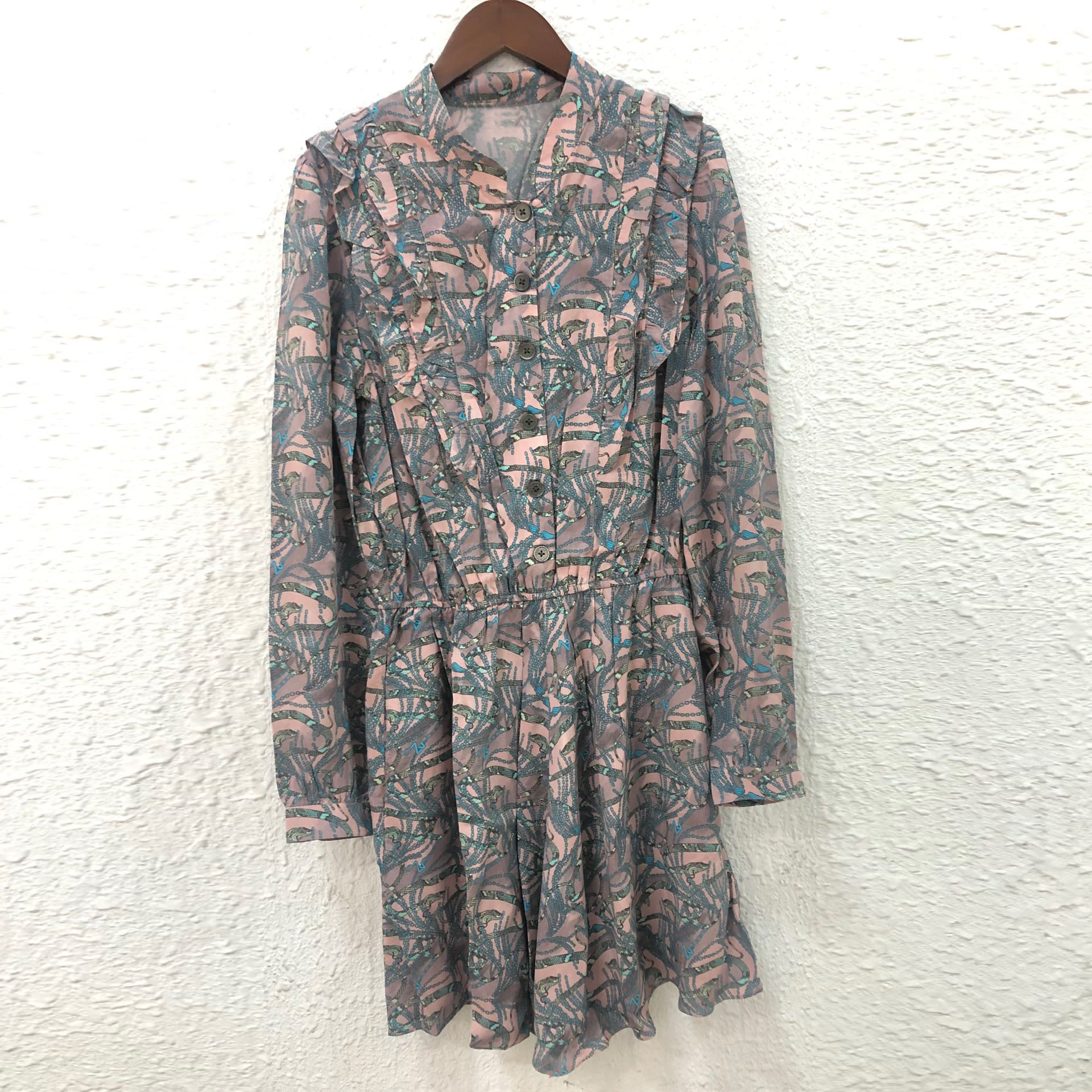 Snake Chain Print Women silk Vintage Mini Dress Elastic Waist Front Buttons Female O-Neck Long Sleeve Robe alx