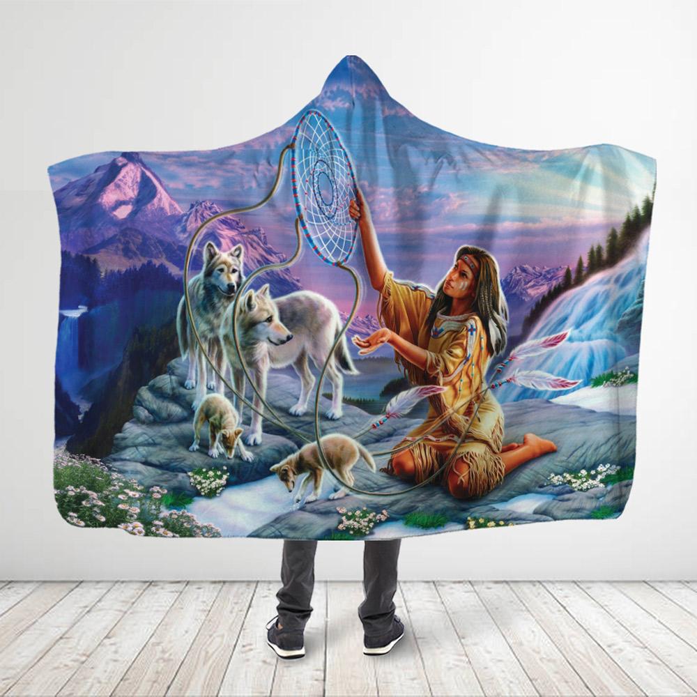 ViticStore™ Wolf 3D All Over Printed Wolves Family And Aboriginal Woman – Hooded Blanket