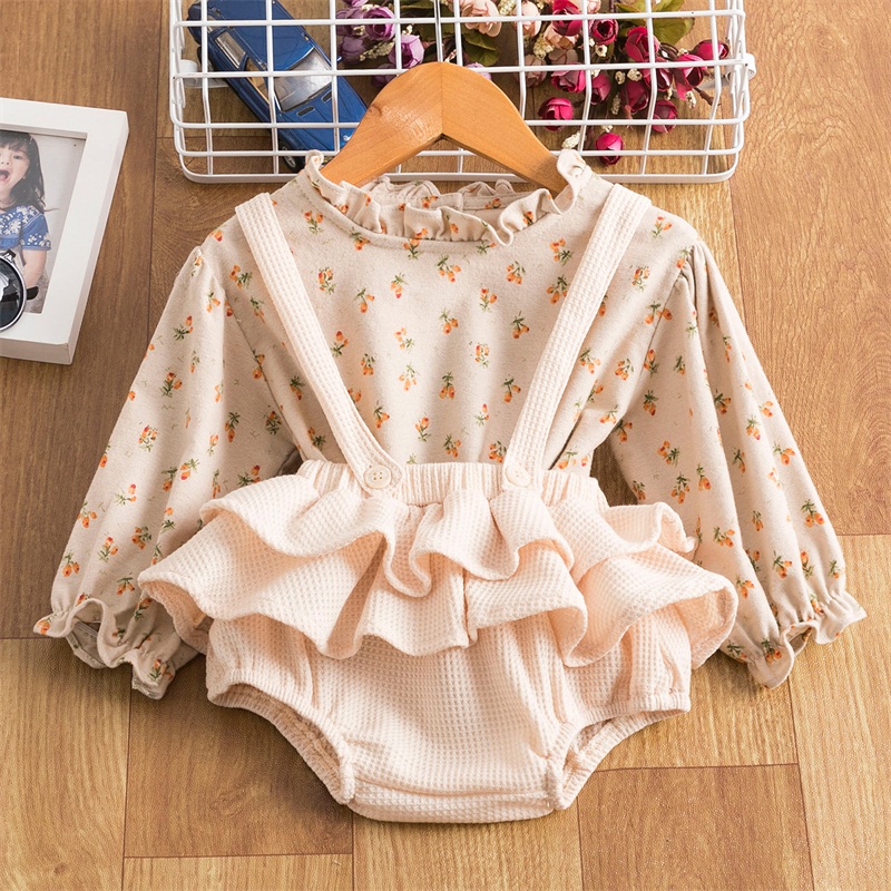 Vintage Baby Girl Clothes Spring Summer Toddler Girls Cotton Outfits Flower Tops+Romper Dress 2PCS Set Infant Baby Clothes alx