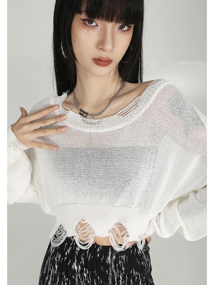 Yedinas See Through Mesh Tops Black Loose Hollow Out Hole Broken Crop Tops Streetwear Stretch Split Knit Short Tshirts Summer alx