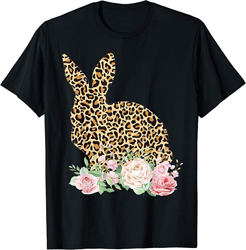 Leopard Bunny Flowers Girls Women Happy Easter T-Shirt