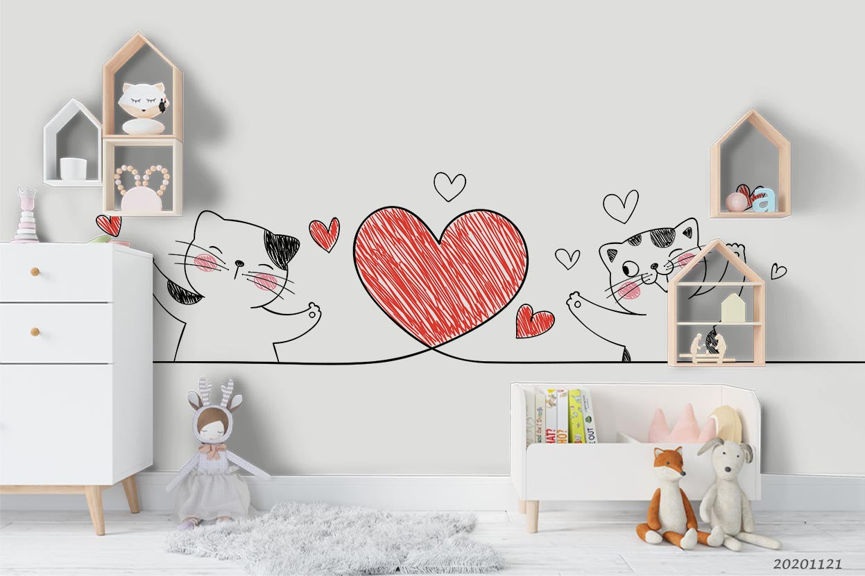 3D Cartoon Animal Cat Kitten Red Love Heart Wall Mural Wallpaper Lqh 16