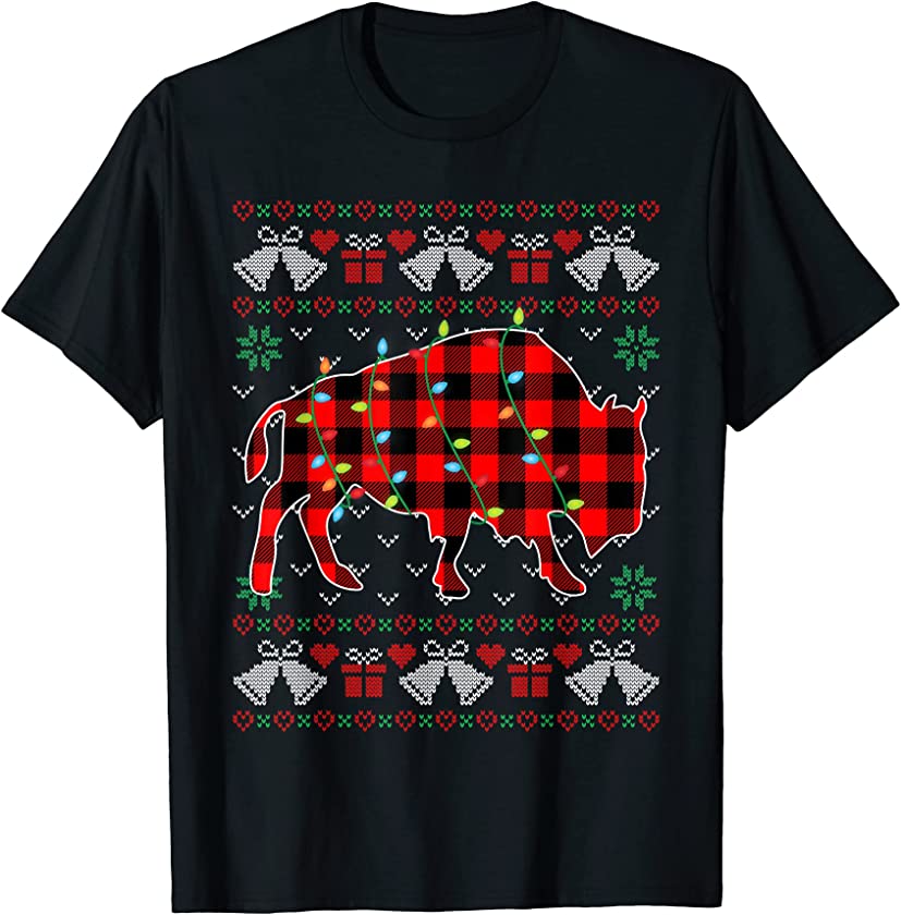 Bison Lover Funny Xmas Lights Ugly Christmas Sweater T-Shirt