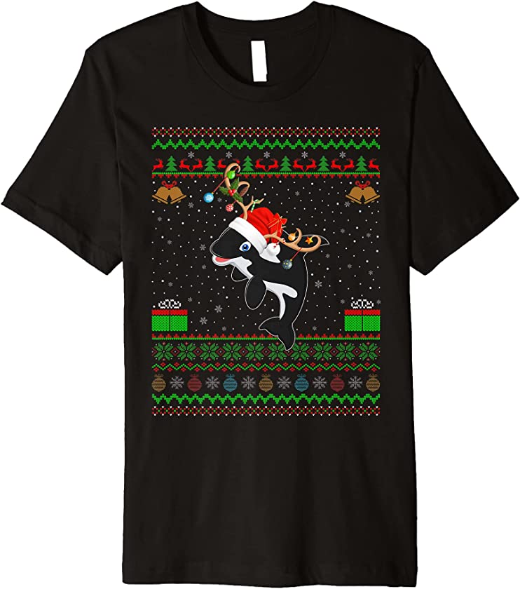 Xmas Lighting Santa Hat Ugly Orca Killer Whale Christmas Premium T-Shirt