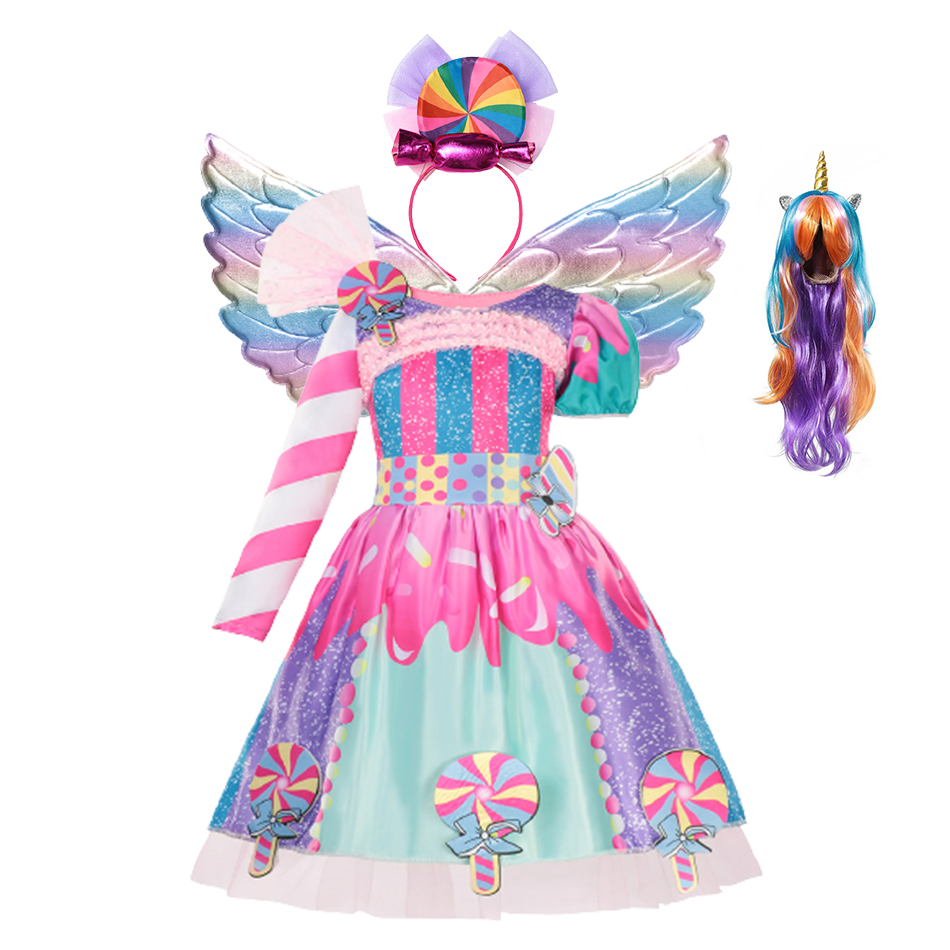 Candy Girls Dress Purim Festival Kids Cosplay Fancy Lollipop Costume Birthday Party Ball Gown With Rainbow Wing New Years Gift alx